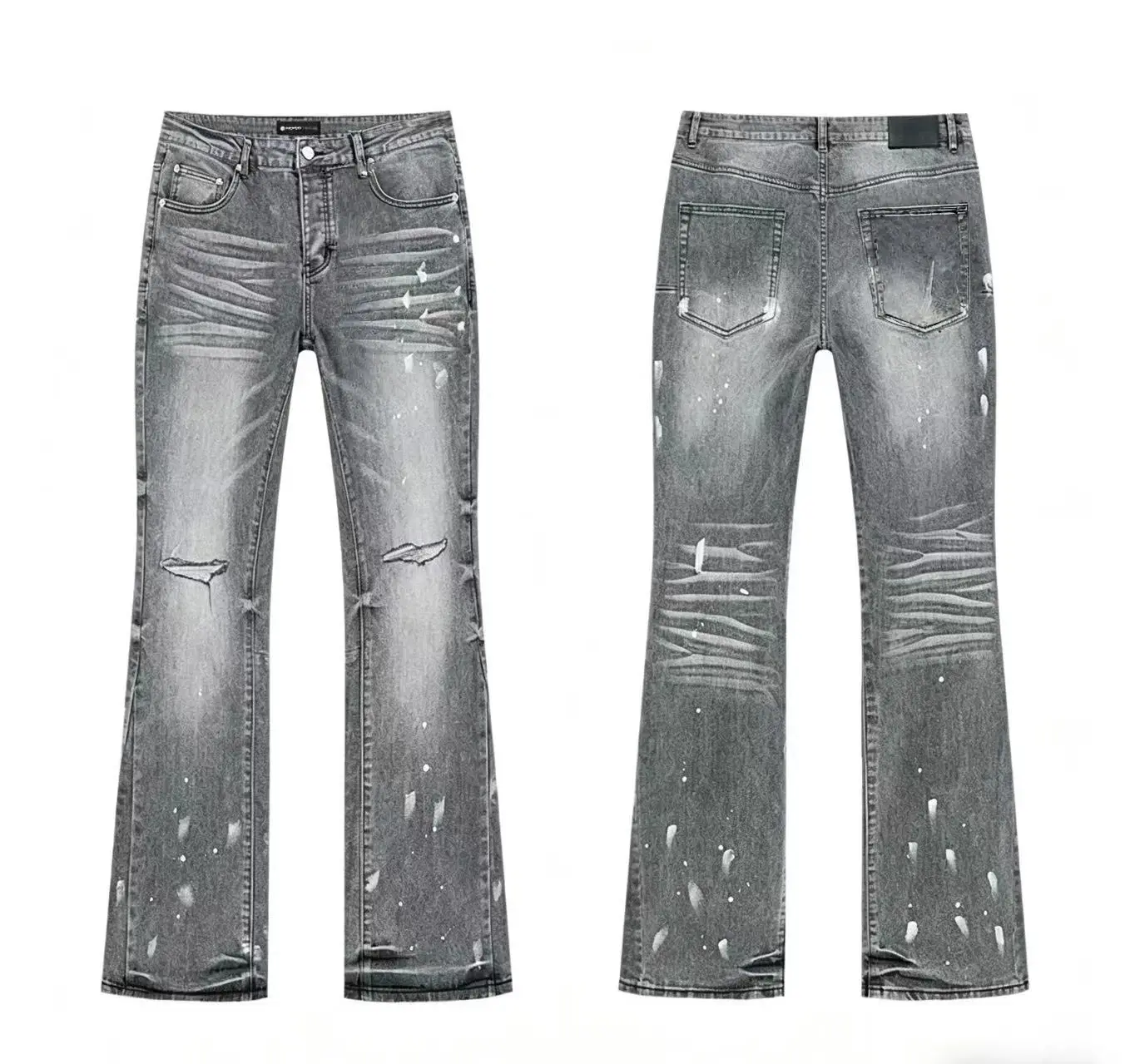 Men's High Cotton Slim Fit Stacked Bootcut Jeans, Vintage Grey Wash Paint Splatter Ripped Distressed Denim Pants for Hip Hop Streetwear Daily Outfits