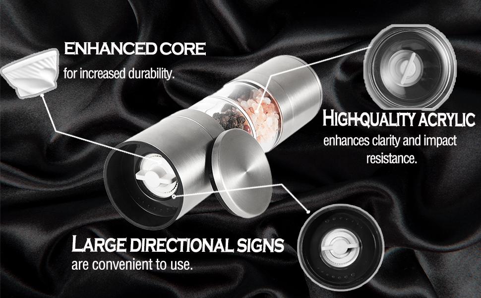 2 in 1 Salt and Pepper Grinder Professional Stainless Steel and Labour-saving Spice Grinder Refillable Adjustable Coarseness Mills