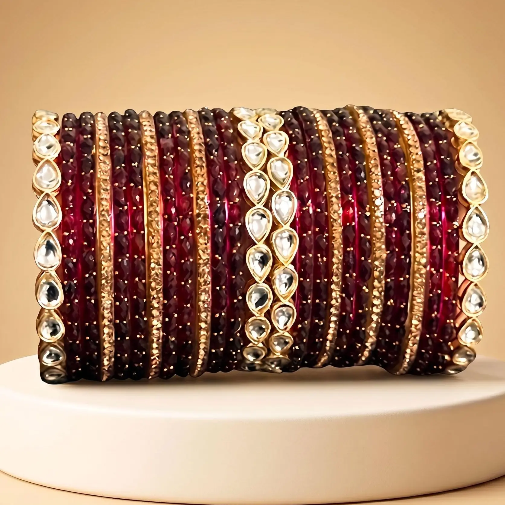 Kundan Kada & Raindrop Glass Bangle Set: Gold Detail, Wedding Jewelry (26 Pcs)