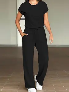 USBOUTIQUE CHIC Women's 2026 Spring Oversized Two Piece Set Short Sleeve Top & Drawstring Pants Casual Lounge Outfit