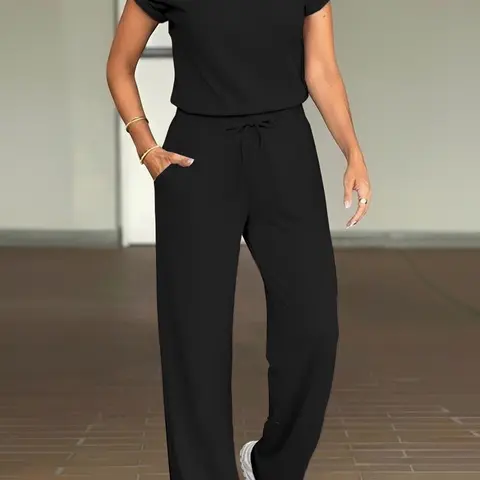 USBOUTIQUECHIC Women's 2026 Spring Oversized Two Piece Set Short Sleeve Top & Drawstring Pants Casual Lounge Outfit Soft Stretchy Fabric - Clothes, Womenswear