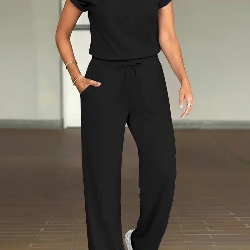 USBOUTIQUECHIC Women's 2026 Spring Oversized Two Piece Set Short Sleeve Top & Drawstring Pants Casual Lounge Outfit Soft Stretchy Fabric - Clothes, Womenswear