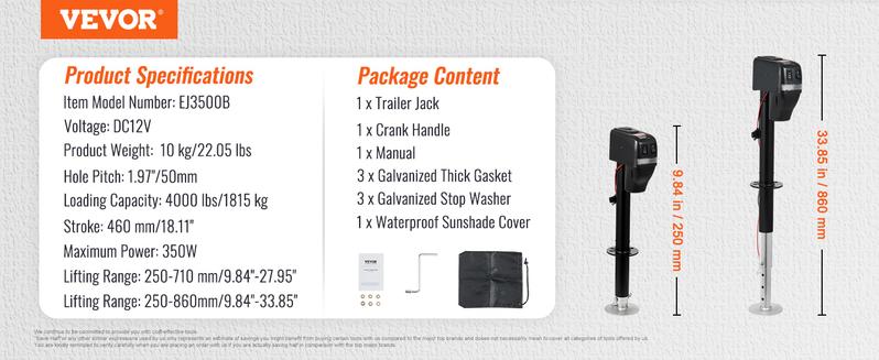 VEVOR Trailer Jack,  Electric Power Tongue Jack Weight Capacity 4000 lbs, 9.84"-33.85" Electric Tongue Jack with Waterproof Cover for Lifting RV Trailer, Horse Trailer, Utility Trailer, Yacht Trailer Tow VEVOR Super Brand Day