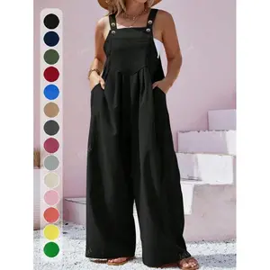 Plus Size Solid Color Sleeveless Overall With Pockets, Spring / Summer /Autumn,Black