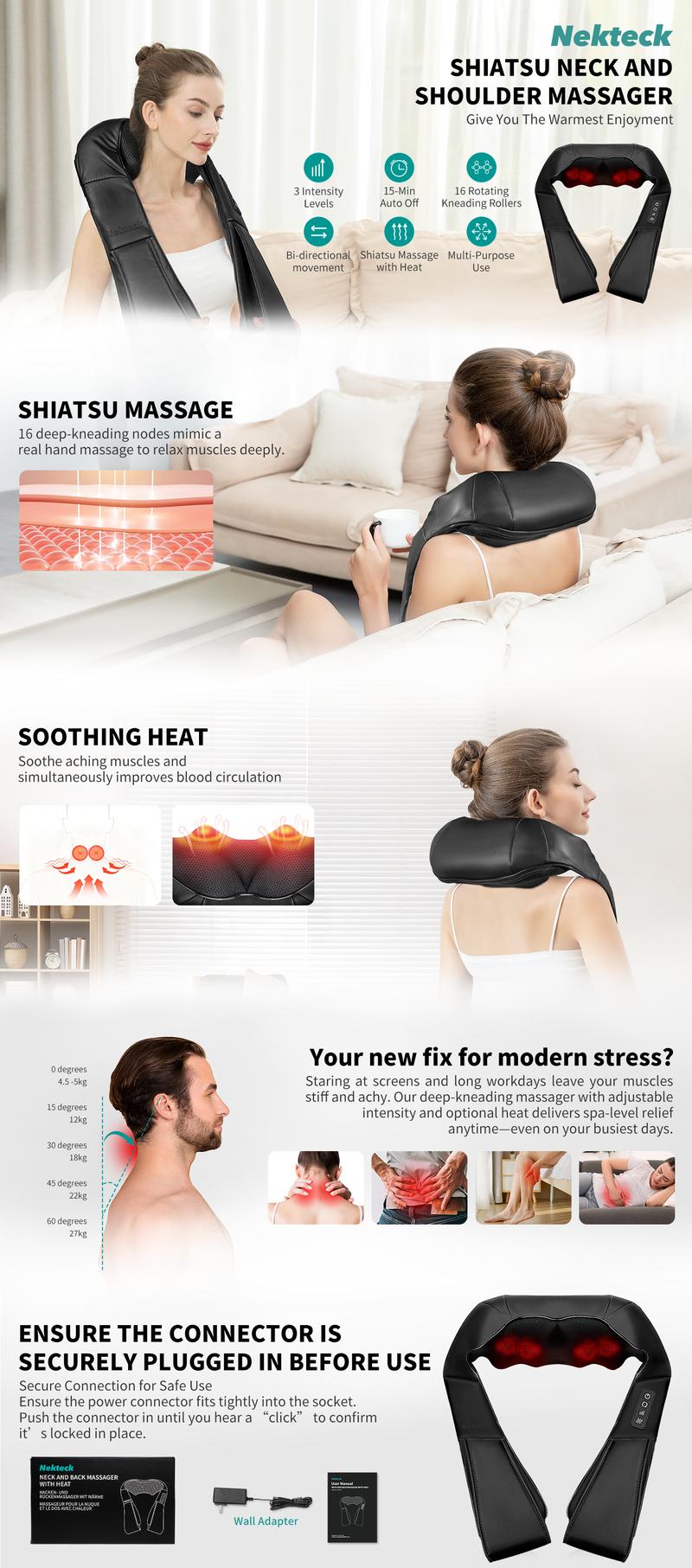 Shiatsu Neck and Back Massager with Soothing Heat, Ergonomic 8 Deep-Kneading Massage Nodes with Heat Electric Shiatsu Back Massager for Neck Shoulder & Body Muscle Relief Portable 12V DC Power Supply - Black