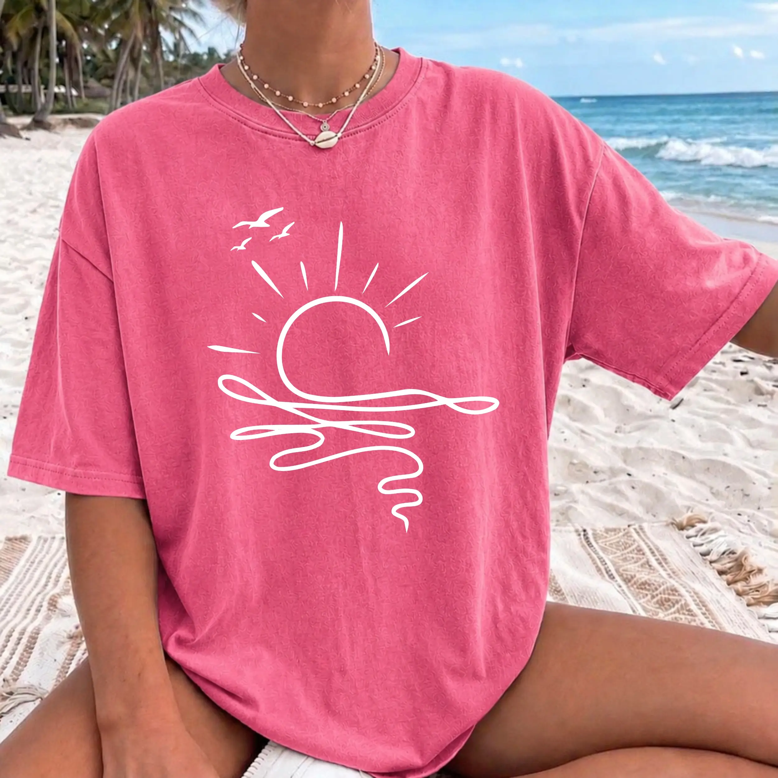 Comfort Colors Sun Ocean Shirt, Minimalist Boho Summer T-Shirt, Linear Graphic Beach Tee, Trendy Coastal Shirt, Cute Simple Summer Outfit Tee