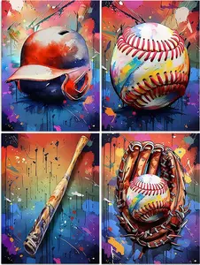 Baseball Diamond Painting Kit, 4-Pack 5D DIY Vibrant Paint Drip Art, Colorful Craft Set Perfect for Sports Themed Home Wall Decor & Gifts