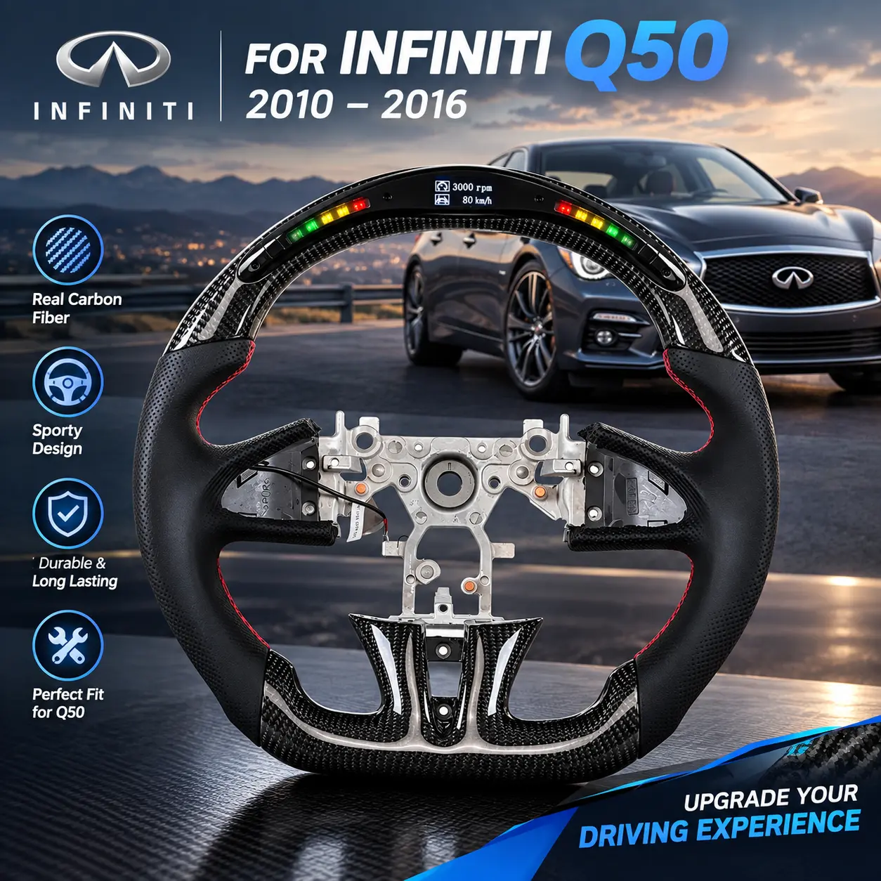 Steering Wheel Replacement for Infiniti Q50 2010–2016, Custom Sport Style Wheel, Black Carbon Fiber Smart / Carbon Fiber Texture / Genuine Leather, Airbag Not Included