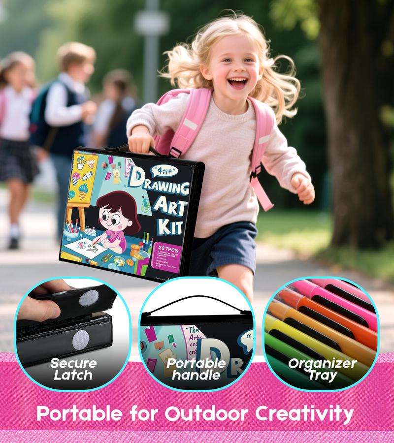 237-Piece Kids Art Set with Double-Sided Easel, Painting Kits for Kids Ages 4-8, Non-Toxic Art Supplies for Girls and Boys, Drawing Set with Watercolor, Oil Pastels, Gifts for Kids, Toddlers, Young Artists, Coloring Books, Valentinesdaygift