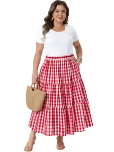 Agnes Orinda Plus Size Gingham Skirts Tiered Layer A Line with Pockets Flowy 1950s Vintage Plaid Maxi Long Skirts