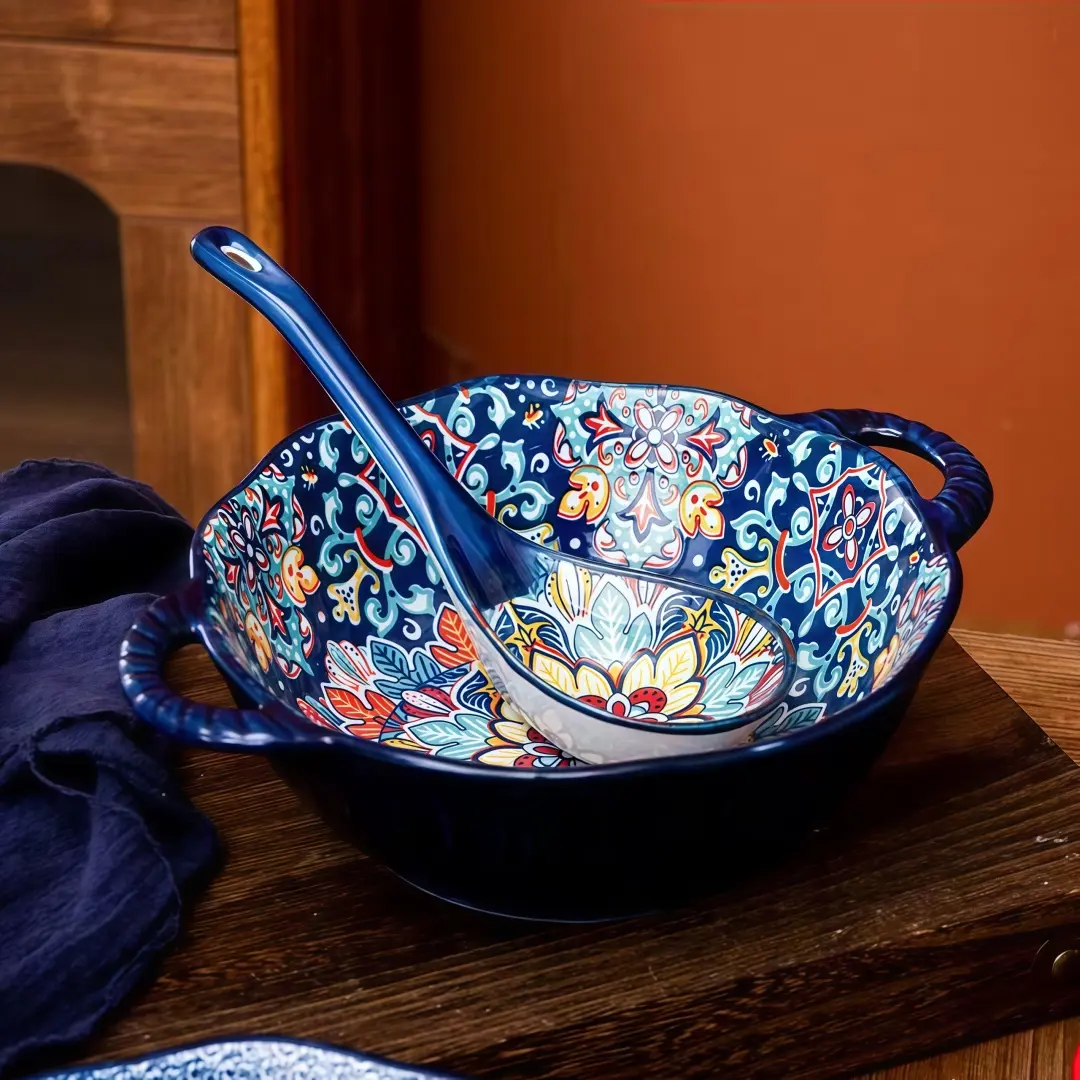 Bohemian Ceramic Soup Serving Bowl Set, Kitchen Bowls, Ceramic Pasta Bowls, Includes 1 Large Bowl & Spoon, Microwave Safe, Stylish Home Use, Perfect for Noodles & Stews