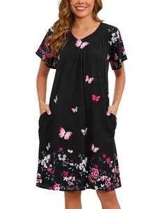Marvmys Womens House Dress Short Sleeve Nightgown Floral Print Mumu Dress with Pockets V Neck Sleepwear S-3XL