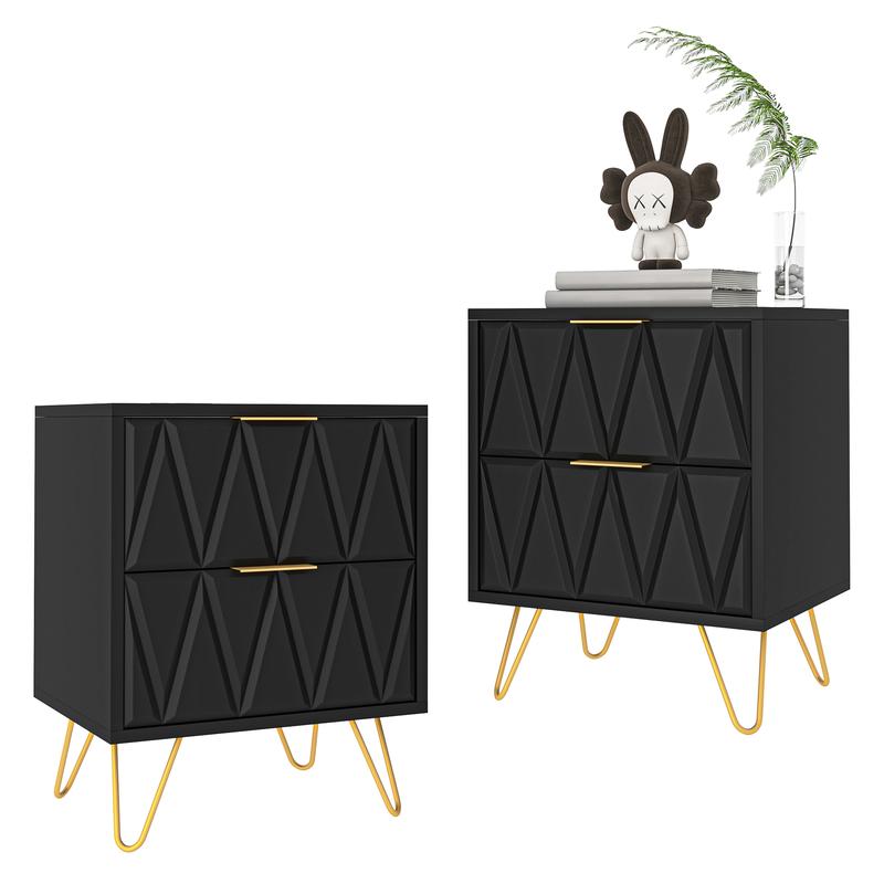 2pcs Nightstand Modern Bedside Table with 2 Drawers & Gold Metal Legs, Simple and Elegant Bedside Table,Night Stand Metal Legs for Bedroom Living Room