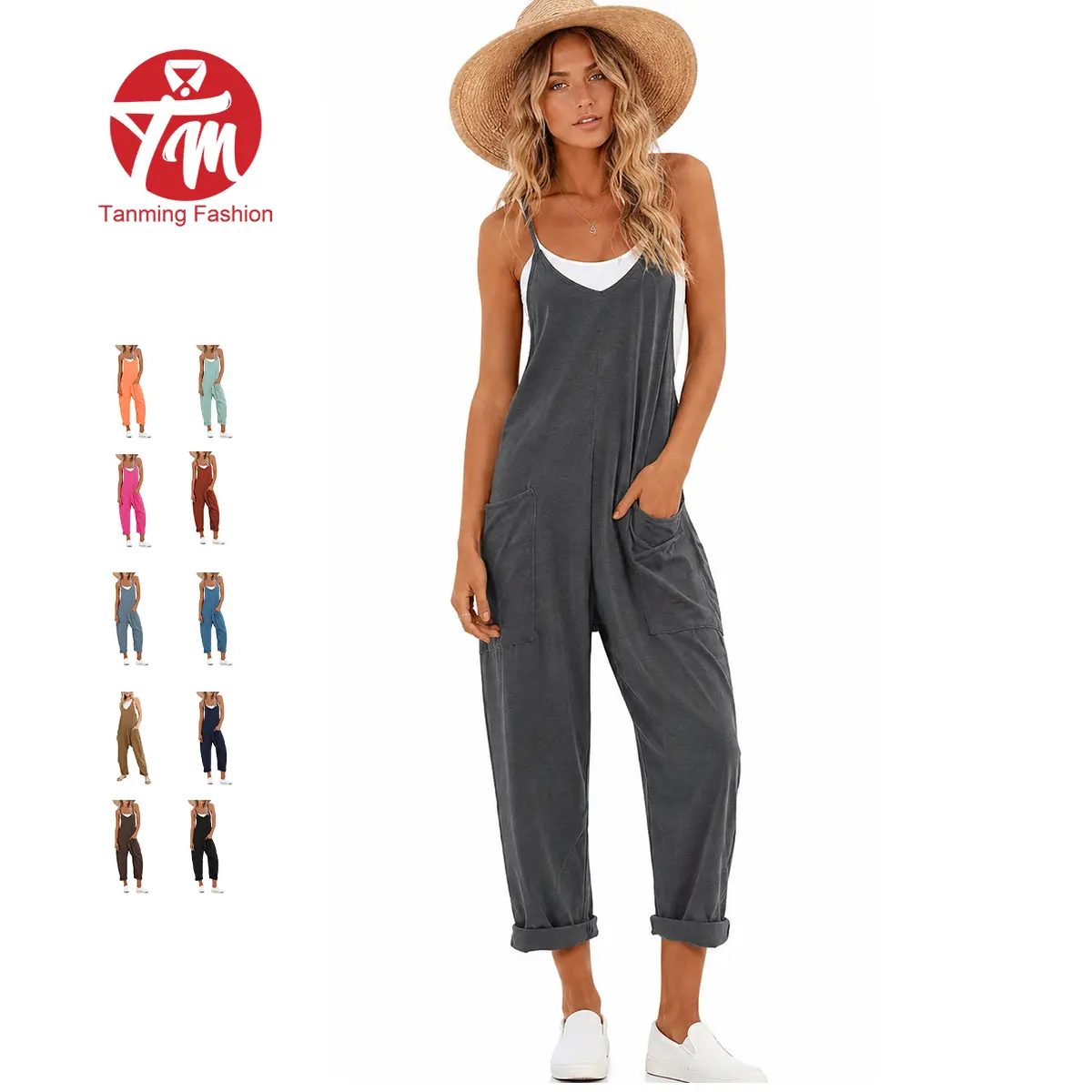 Tanming Lady's Casual Strappy V-Neck Sleeveless Harem Overalls - Stretchy Adjustable Strap Romper with Pockets, Fashion Apparel Clothing for Women, Spring-Summer Statements, Women's Clothes, Clothes For Women