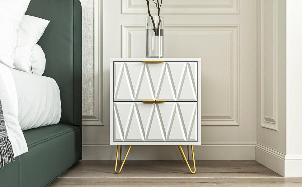 2pcs Nightstand Modern Bedside Table with 2 Drawers & Gold Metal Legs, Simple and Elegant Bedside Table,Night Stand Metal Legs for Bedroom Living Room