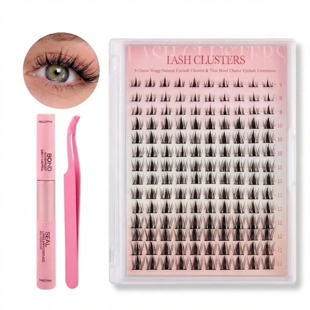 dealsforyoudays Ultra Fluffy D-Curl Eyelash Extensions Kit - 9-12mm Waterproof Cluster Lashes, Bond & Seal, Precision Tweezers for Easy Makeup Application