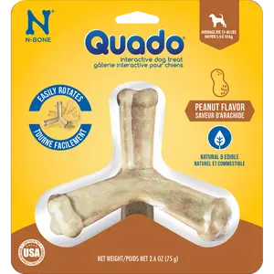 N-Bone® Quado® Interactive Dried Dog Chew Bone, Peanut Flavor - Natural, Edible, 100% Digestible Alternative to Plastic Chew Toys - Made in the USA