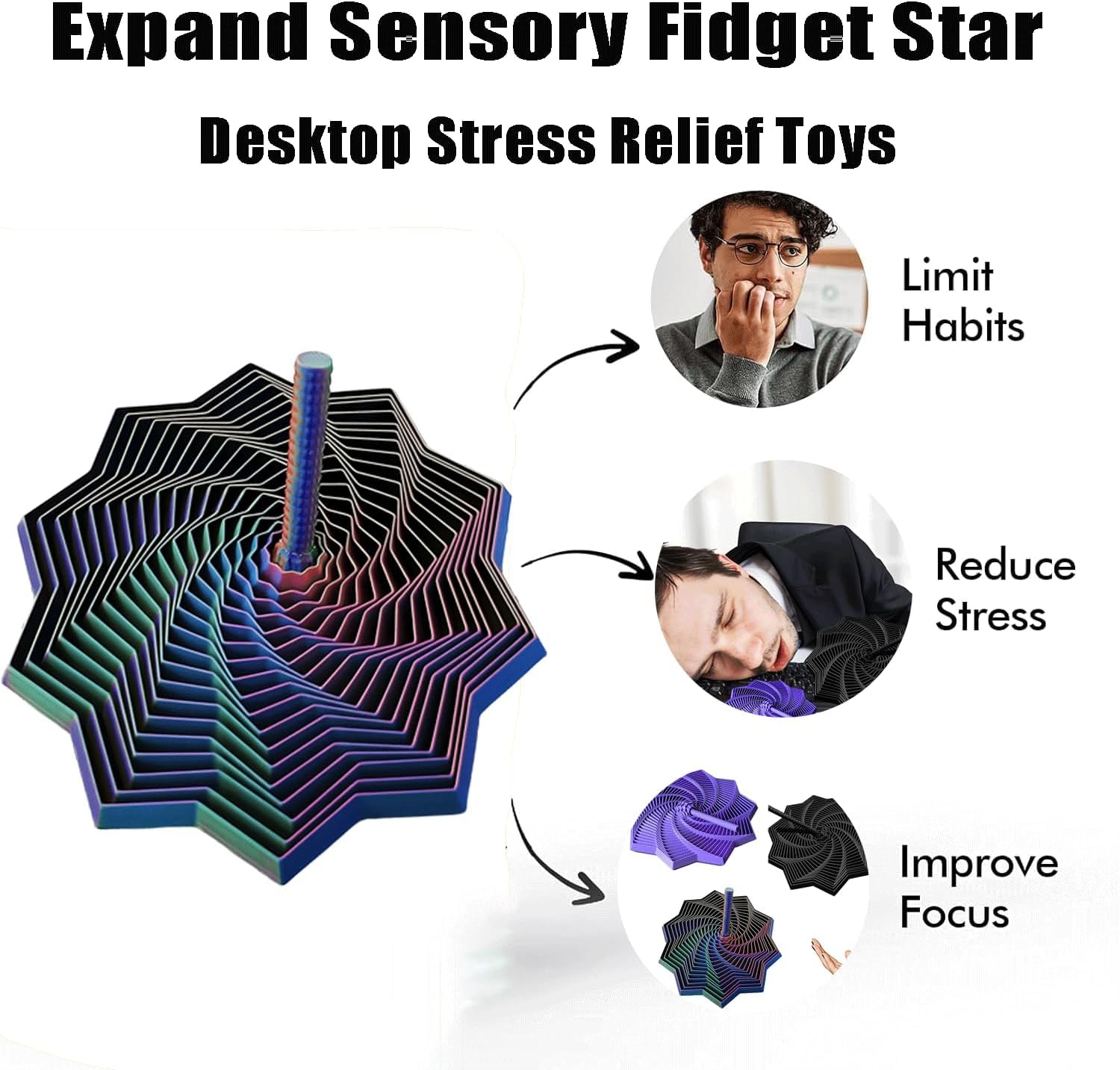 3D Printed Expanded Sensory Fidget Star, New Stress Relief Sensory Whirling Spiral with Handle, Very Satisfying Sight and Sound with Hypnotizing Visual Fidget Toy