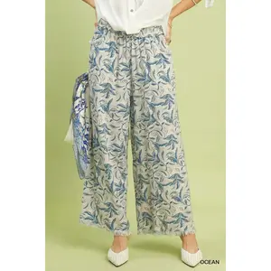 Umgee Linen Printed Wide Leg Raw Hem Pants