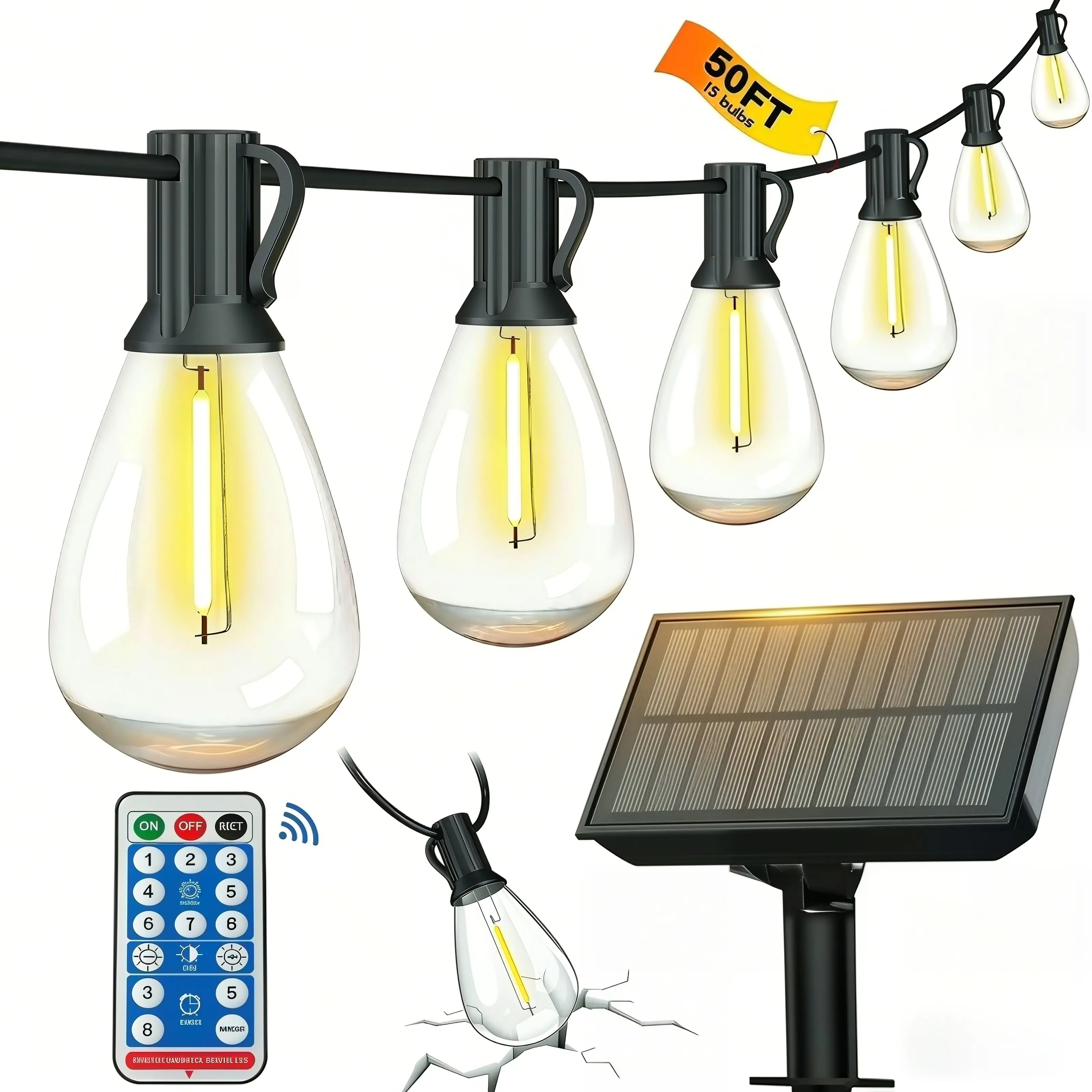 Solar Outdoor Lights, 50FT Waterproof Patio String Lights with Remote Control and 17 Shatterproof LED Bulbs, Warm White Light, Lighted Decorative Lights