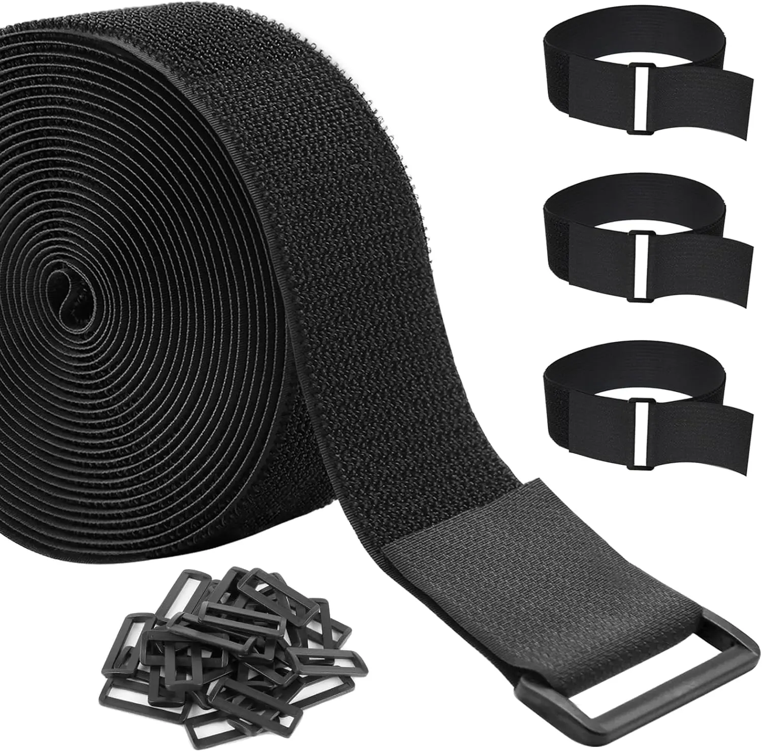 Adjustable cable ties Free Cutting Length Strap 5m x 5cm Resealable Cable Ties with 25 Buckles for Organising and Storage, Black