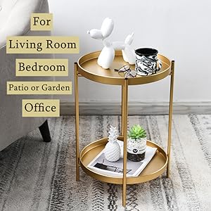 Adeco Side Table 2-Tier Metal Round End Table with Removable Tray