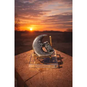 Silver Obsidian Moon with Owl Carving