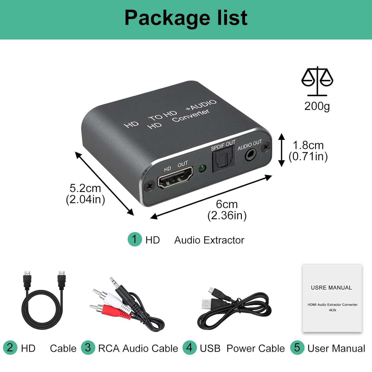 4K HDMI Audio Extractor Splitter, HDMI Audio Video Converter Adapter + Optical Toslink SPDIF + AUX 3.5mm Audio Jack Analog Audio Compatible with Fire Stick, Blu-Ray Player