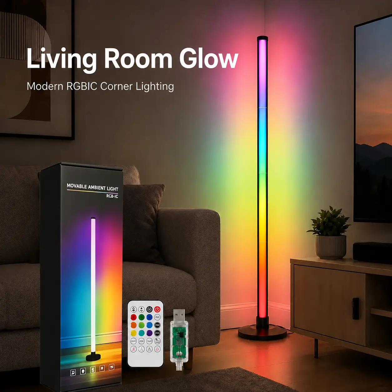 Modern LED Ambient Floor Lamp with APP & Wireless Controller, RGB Dynamic Music Sync Color Changing Standing Light, Adjustable RGB Lighting with Enhanced Brightness for Bedroom, Gaming Room, Home Decor