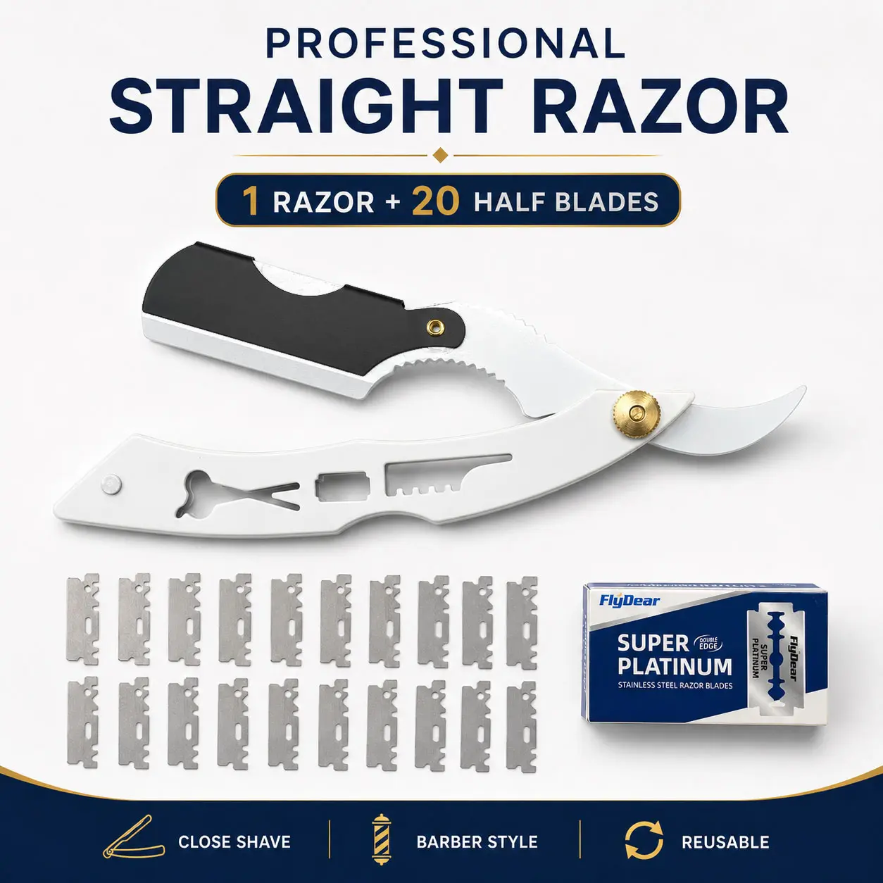 Professional Barber Straight Razor for Men, Classic Shaving Tool for a Smooth Shave with Metal Handle, Includes 20-Count Replaceable Blade Pack, Metal Handle Razors, Single Blade Razors
