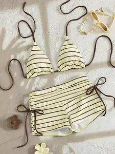 Swim Vcay Striped Halter Backless 2 Piece Set for Women, Side Tie Shorts Bikini Outfit, Sexy Summer Beach Vacation Wear