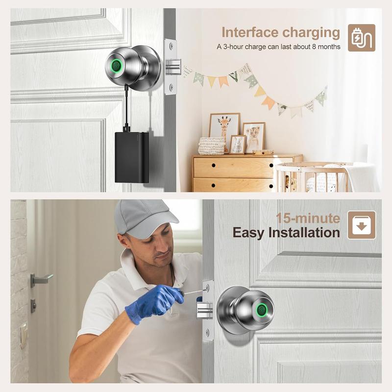 Valentine's Day Gift EuerTE Smart Lock Fingerprint Door Knob with App Control Key Type-C Port Emergency Charging Biometric Lock for Front Door Home Apartment Office FathersDayGift