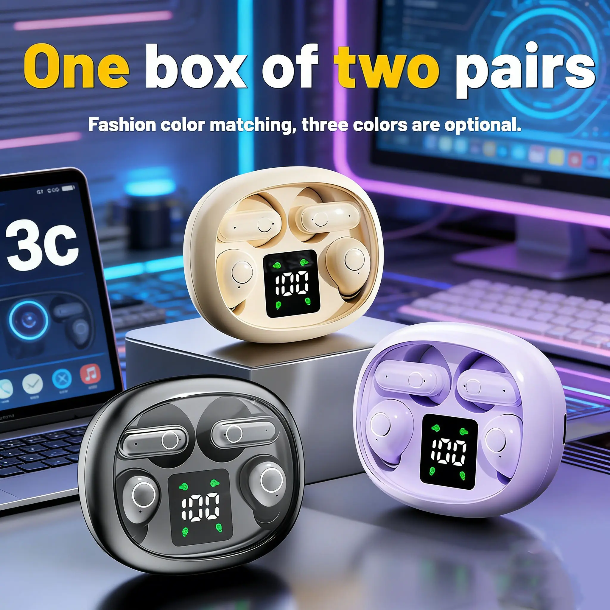 2-Pair Wireless Bluetooth 5.4 Earbuds - Tiny Invisible Short Handle Headphones with Mic, Digital Display, Waterproof - Wireless Music Earbuds for Work, Sports, Bluetooth Earbuds