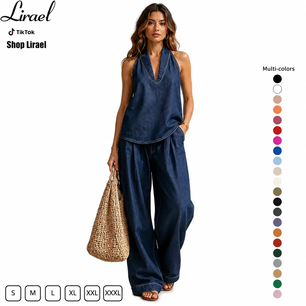 Women's Denim Two Piece Set Plus Size Friendly Halter Top Wide Leg Jeans Y2K Streetwear