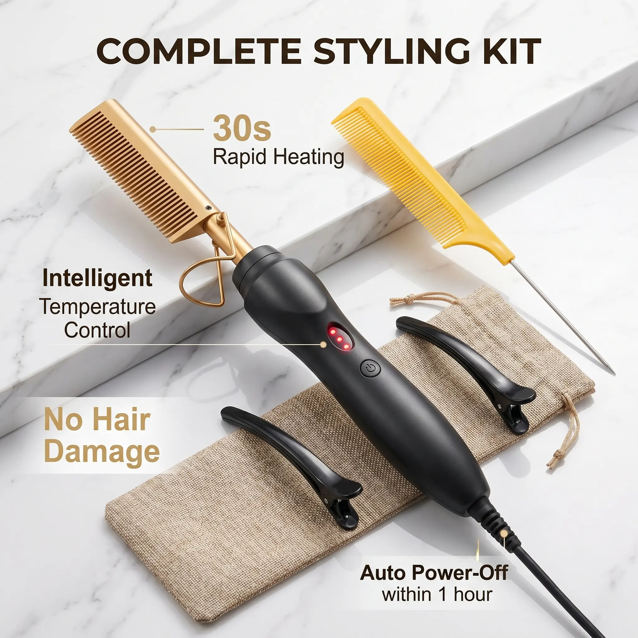 Electric Hot Comb for Smooth Styling - Anti-Frizz Straightening & Curly Hair Tool with 3 Heat Settings for Natural Hair, 5-Piece Set with Storage Bag, Dorm Essential Beauty Product for Her, Dating Gift for Friends