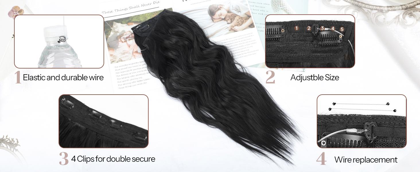 AISI HAIR Invisible Wire Synthetic Halo Hair Extensions 16/20/24 Inch Clip-On Long Wavy Hairpiece for Women Black Secure 4 Clips