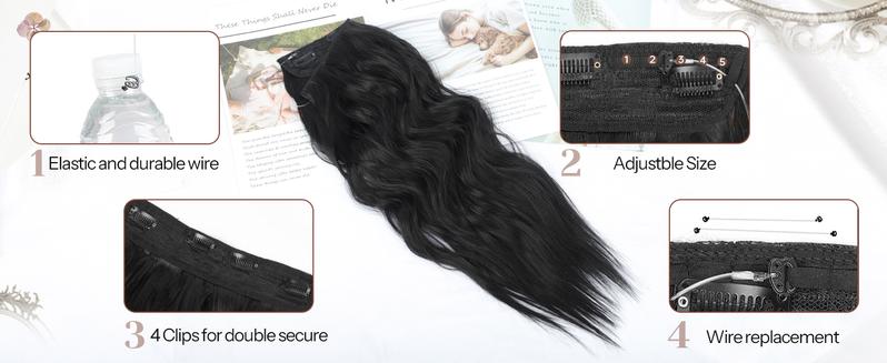 AISI HAIR Invisible Wire Synthetic Hair Extensions 16/20/24 Inch Clip-On Long Wavy Hairpiece for Women Black Secure 4 Clips