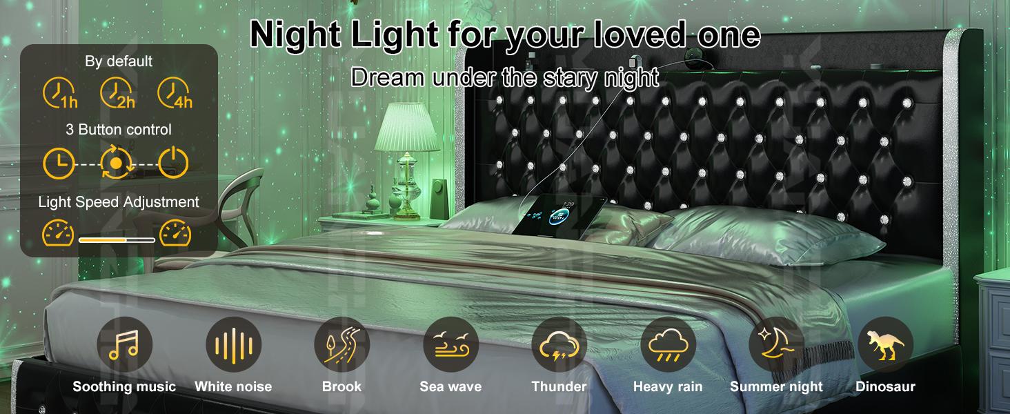 Queen LED Bed Frame Galaxy Projector  White Noise Bluetooth Music speaker,  , 46“ Tall Headboard with USB Charging ,  No Box Spring Required and No Mattress Included，Upholstered Bed with Wood Slat Support, Velvet