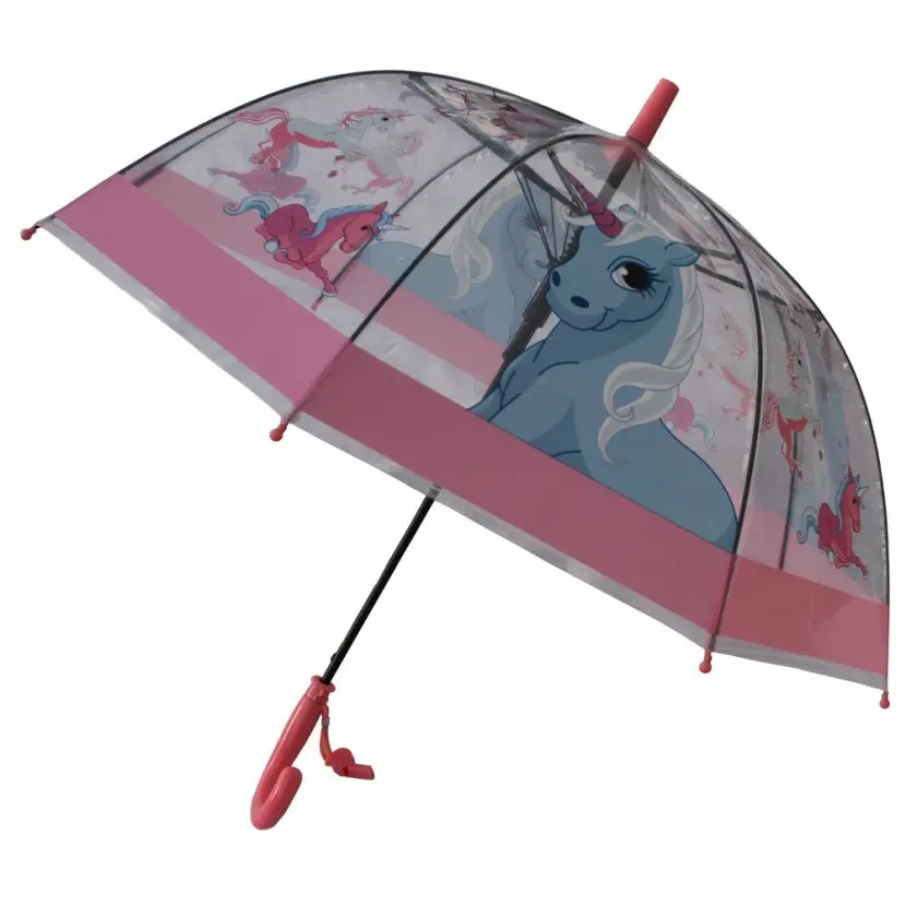 212 MAIN Children's 29in Whimsical Automatic Folding Umbrella - Dome, Transparent Pink Wipe-Clean EVA Canopy, 1-Touch Operation, Durable Waterproof Unicorn-Themed, Lightweight Retractable, Comfortable Design, See Where You Go