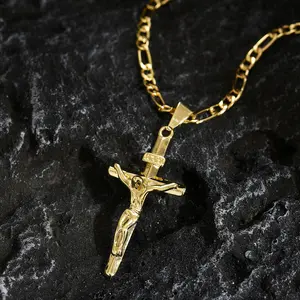 Men's Vintage 14K Gold-plated Jesus Cross Pendant Necklace With Smooth Chain Religious Jewelry For All Year Round Easter Graduation Gift