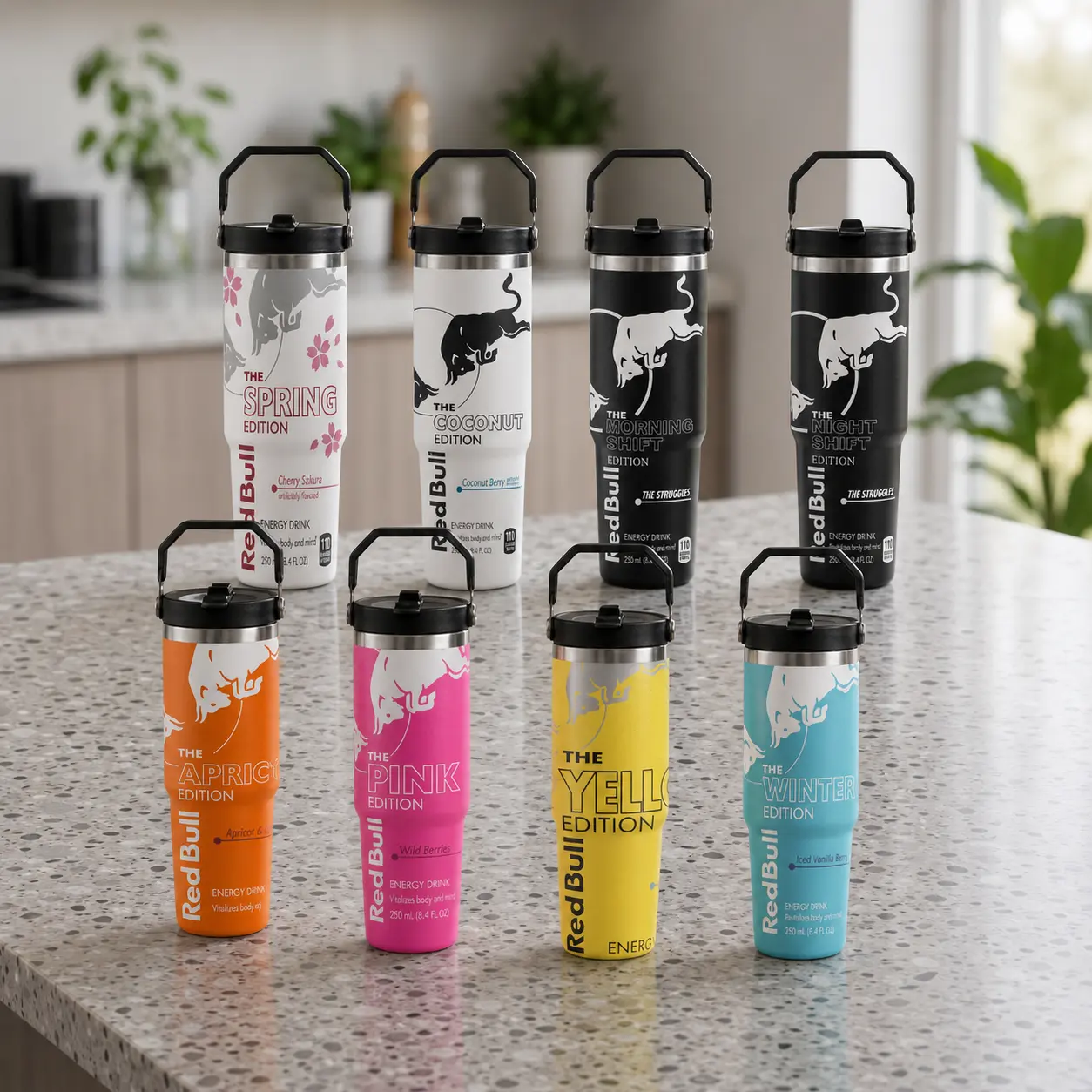 Red Bull Full Edition 30oz Stainless Steel Tumbler With Handle and Straw, Double Wall Vacuum Insulated Travel Mug