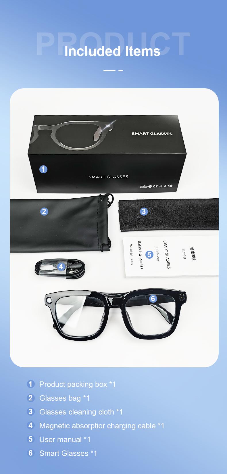 Smart Bluetooth Glasses with Camera, 1080p Video Recording Wearable Glasses, Multifunctional Wireless Audio Glasses with Headphone, Outdoor Sports Camera Sunglasses with Intelligent Voice Assistant, Anti-blue Light Protection Eyeglass