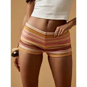 Boho Crochet Knit High-Waisted Beach Shorts Slim Fit Festival Summer Vacation Holiday Resort Casual Mini Hot Pants Women Beach Bottoms