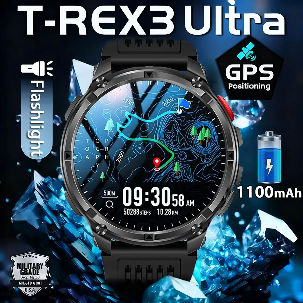 T-Rex3 Ultra GPS Smart Watch for Men, 1100mah Large Battery, Military Grade, Flashlight, Waterproof Smartwatch Outdoor Fitness Tracker, Digital Smart Watch