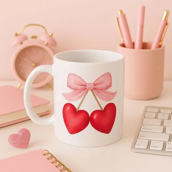 Cute Pink Cherry Heart Mug with Bow Aesthetic Coffee Cup Kawaii Girly  Kitchen Decor Cozy Cottagecore