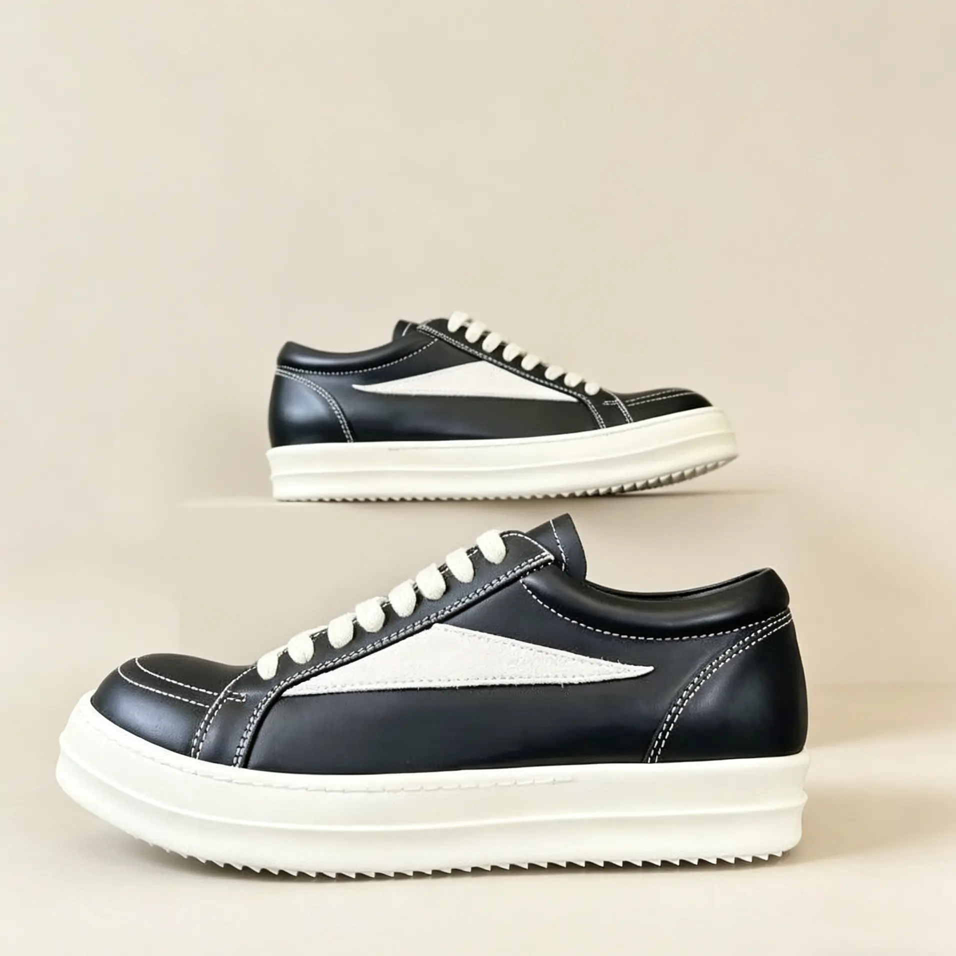 Unisex Genuine Leather Punk Rain Sneakers - Inverted Triangle Design, White Thick Height-Increasing Retro Sole, Cowhide Construction, Unisex Sizes 35-47 (Rain Shoes & Covers Category),stylish,waterproof,toe