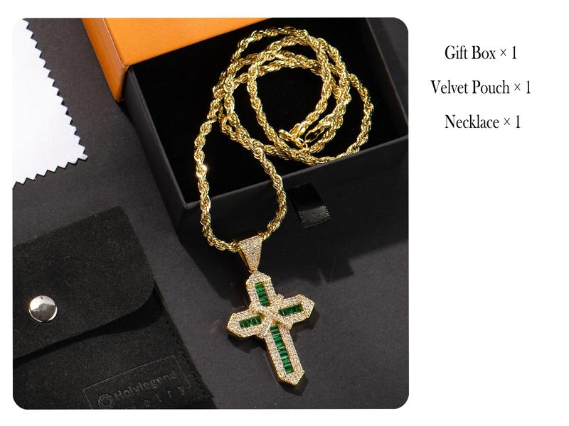 Holylegend 14K Real Gold Plated Multicolor & Green Cross Necklace for Women and Men, Tarnish-Free Iced Out Pendant with 5A CZ, Cuban and Rope Chain, Hip Hop Bling Jewelry Gift