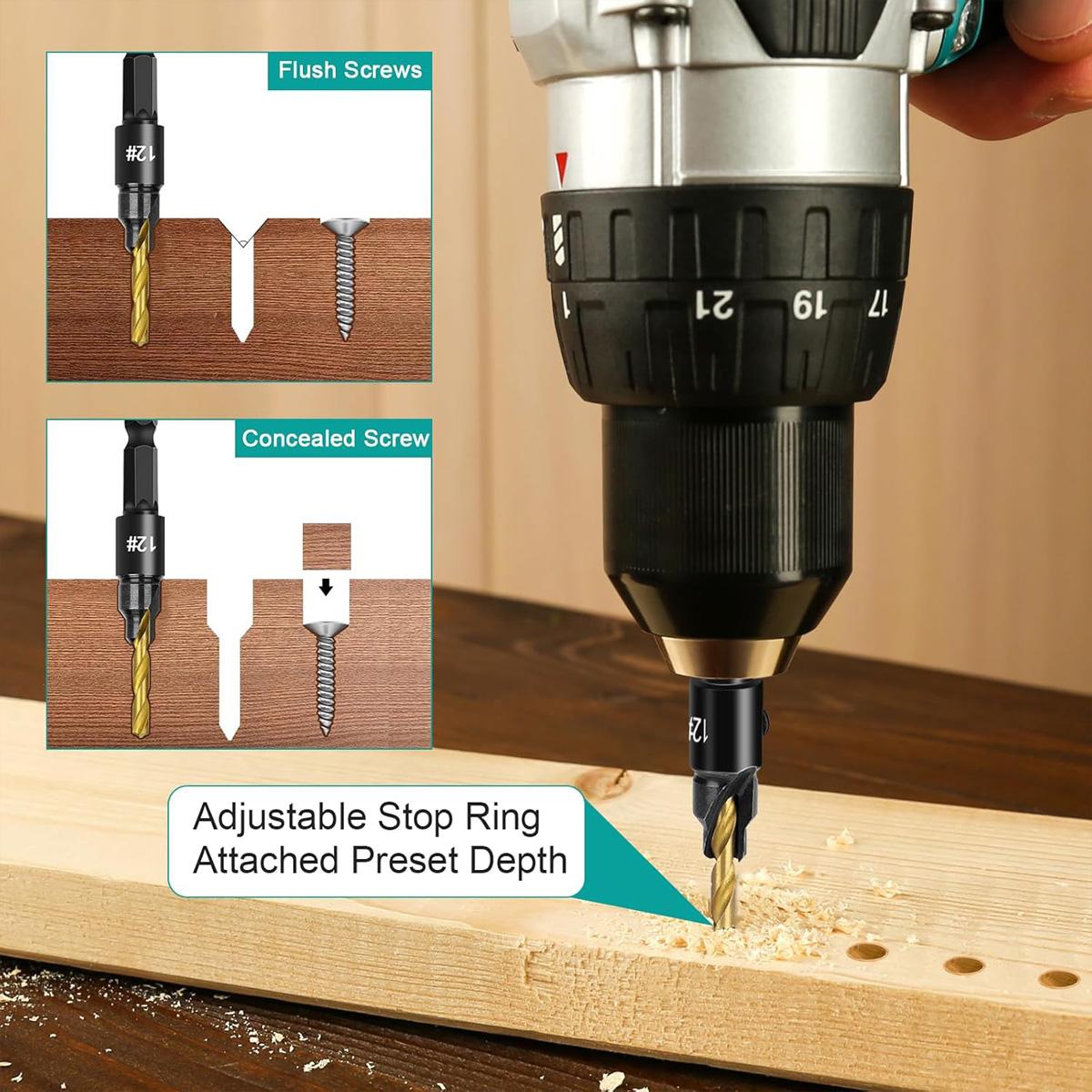 Countersink Drill Bit Set, 5 PCS Counter Sink Drill Bit Adjustable, #5, #6, #8, #10, #12, Used for Wood Countersink Drill Bit with Depth Stop Countersink Drill Bit Set, 5 PCS Counter Sink Drill Bit Adjustable, #5, #6, #8, #10, #12, Used for Wood Countersink Drill Bit with Depth Stop