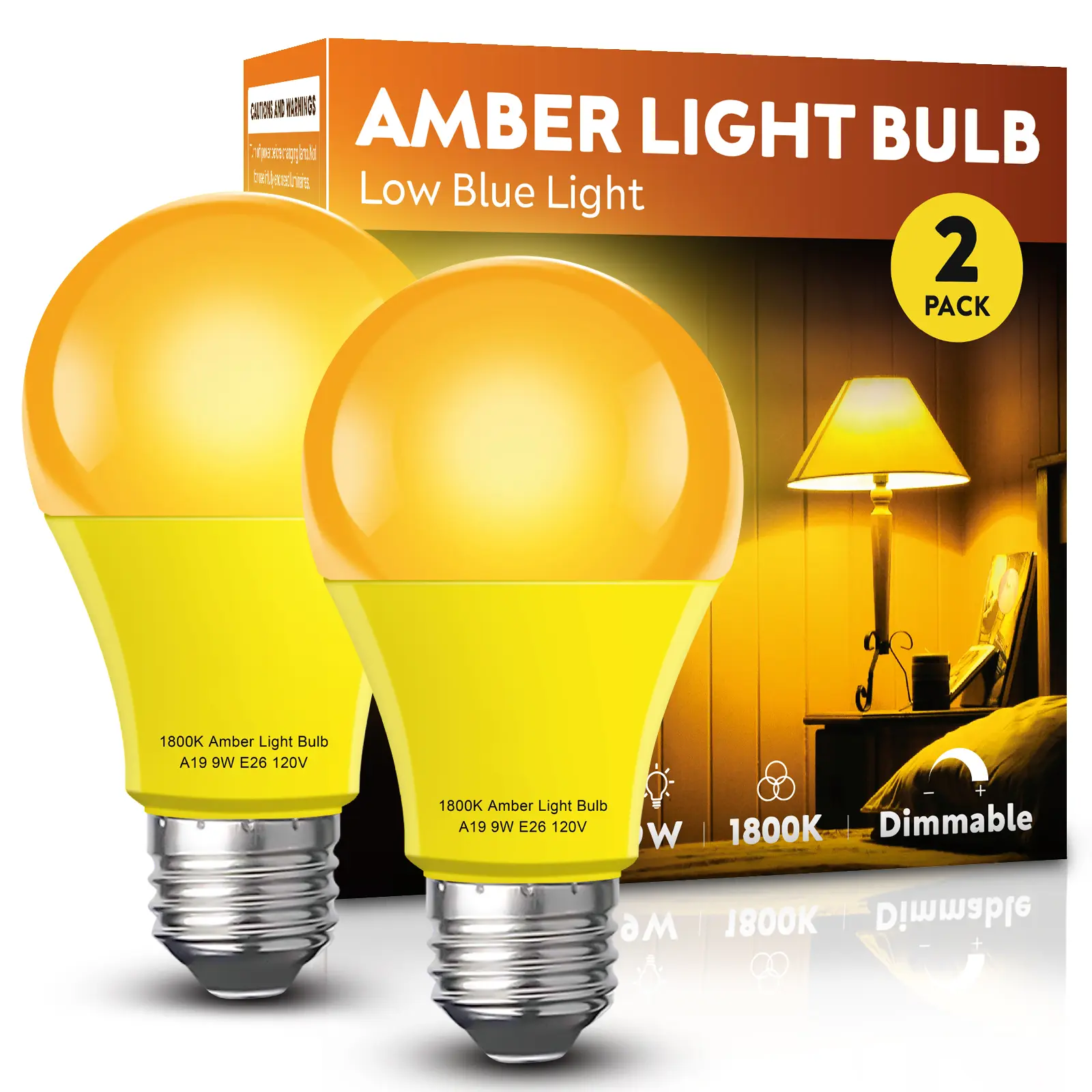 Amber Sleep Light Bulb 2 Pack，Dimmable 1800K Warm Light Bulbs for Healthy Sleep,Blue Light Blocking,A19 9W(60W Equivalent) E26 Base Amber Light Bulbs for Bedroom, Baby Nursery Room Lamps