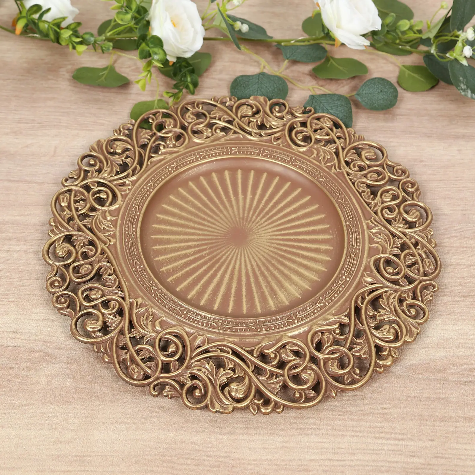 6-Pack 13 Inches Round Brown-Brushed Gold Acrylic Charger Plates, Vintage Floral Carved Rim, Elegant Tableware for Event Tabletop Decor, Round Shape